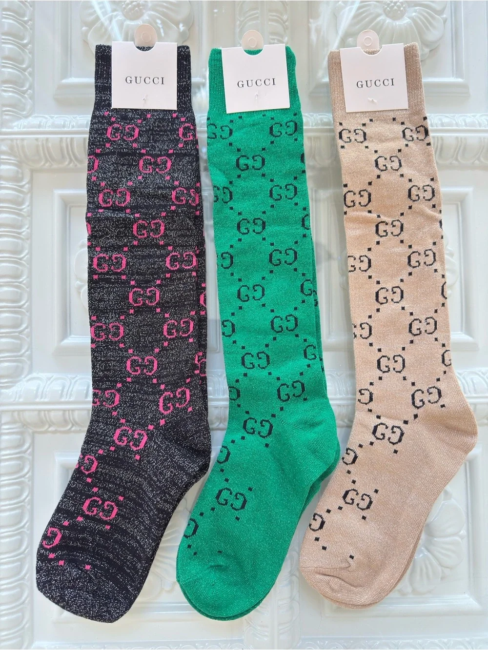 Luxe Logo Crew Socks- Black, Beige, Green
